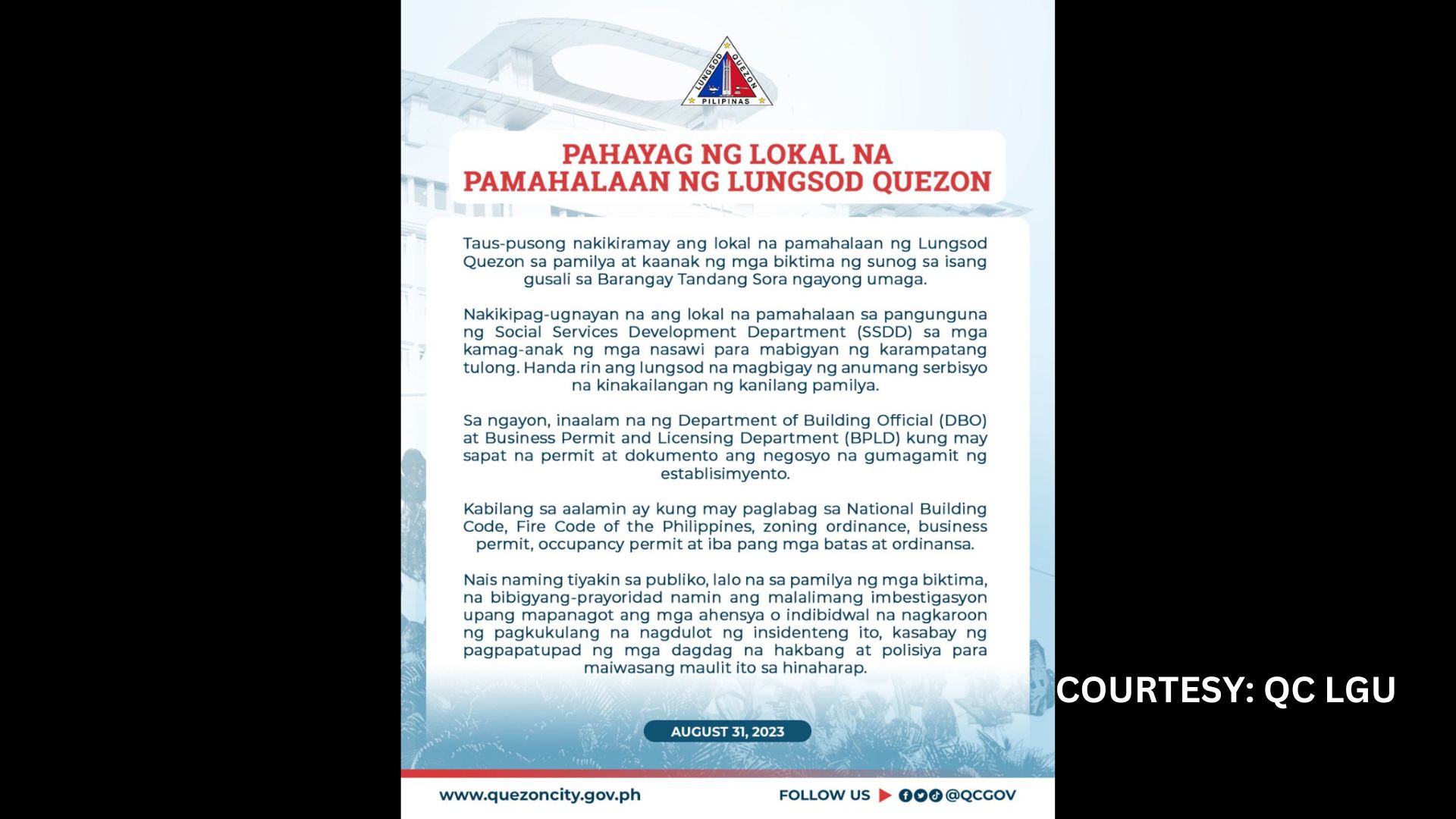 QC LGU magsasagawa ng imbestigasyon sa sunog na naganap sa isang bahay sa Tandang Sora na ikinasawi ng 15 katao