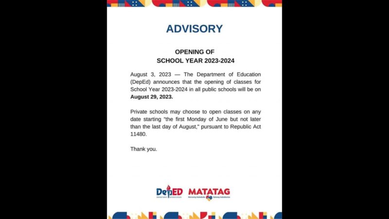 Pagbubukas ng klase sa public schools itinakda sa Aug. 29 ng DepEd