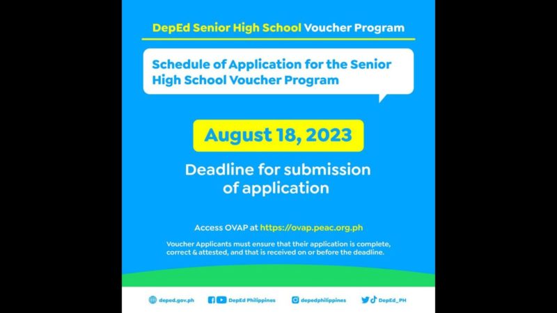Pagsusumite ng aplikasyon para sa Senior High School Voucher Program hanggang bukas (Aug. 18) na lang ayon sa DepEd