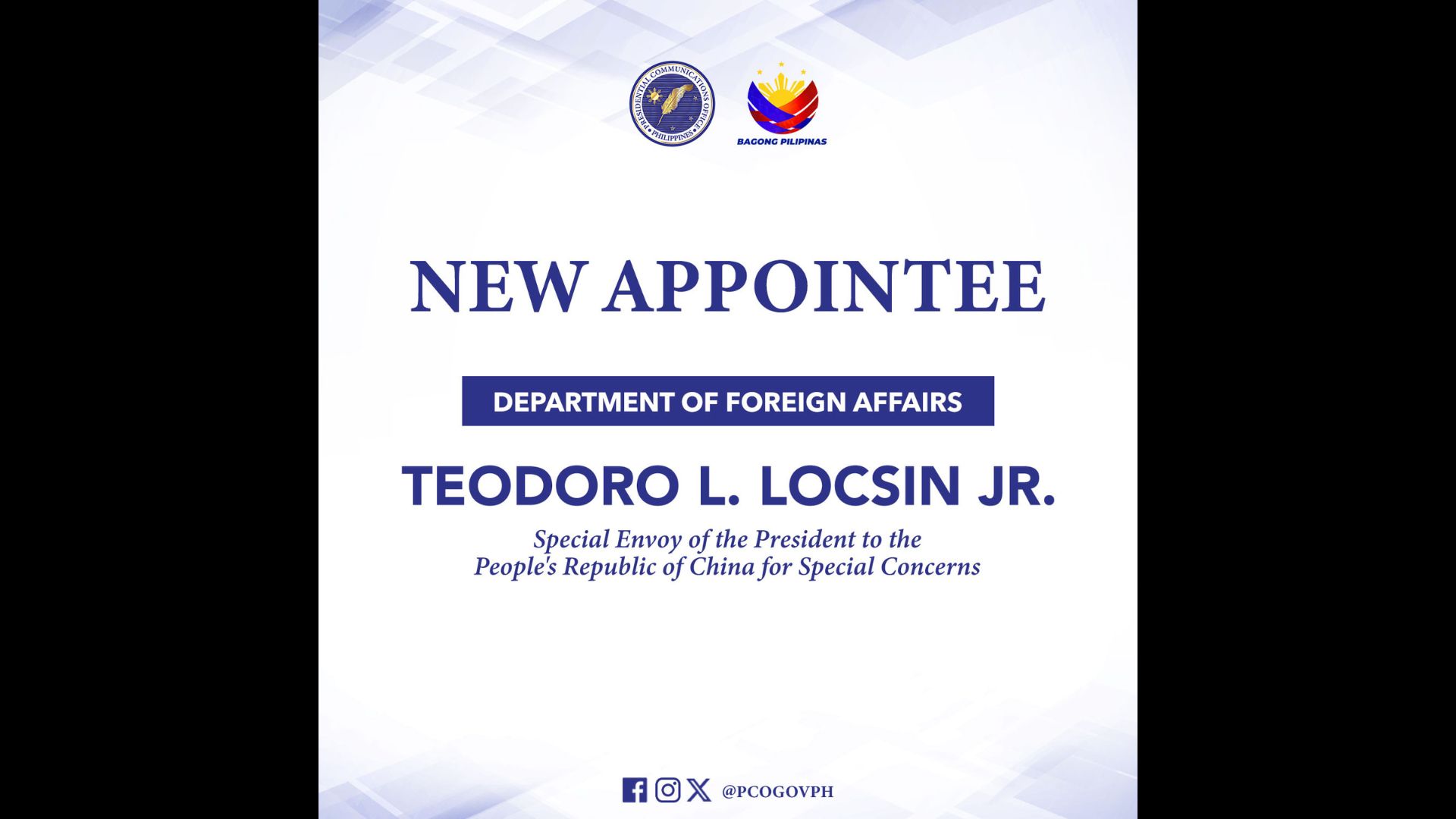 Teodoro Locsin Jr. hinirang bilang Special Envoy of the President to the People’s Republic of China for Special Concerns