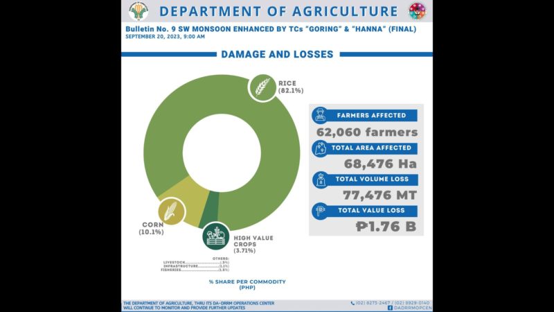 Bagyong Goring, Hanna at Habagat nagdulot ng P1.7B na halaga ng pinsala sa agrikultura