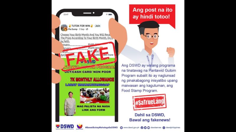 Kumakalat na impormasyon sa social media tungkol sa P7K na allowance sa ilalim ng Pantawid Gutom Program, peke ayon sa DSWD