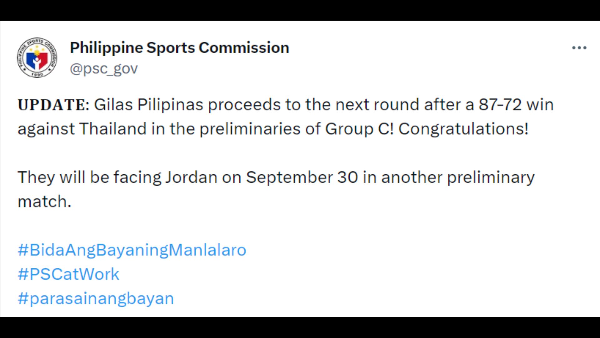 Gilas Pilipinas wagi kontra koponan ng Thailand sa 19th Asian Games