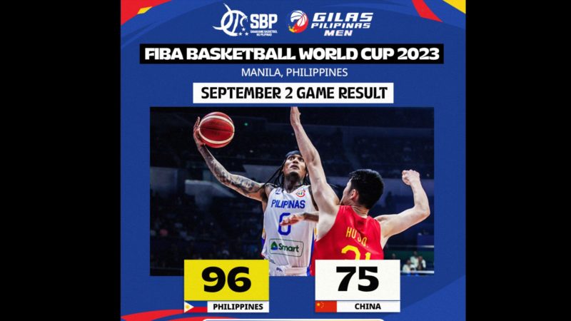 Gilas Pilipinas tinambakan ang China; nakuha ang unang panalo sa 2023 FIBA World Cup