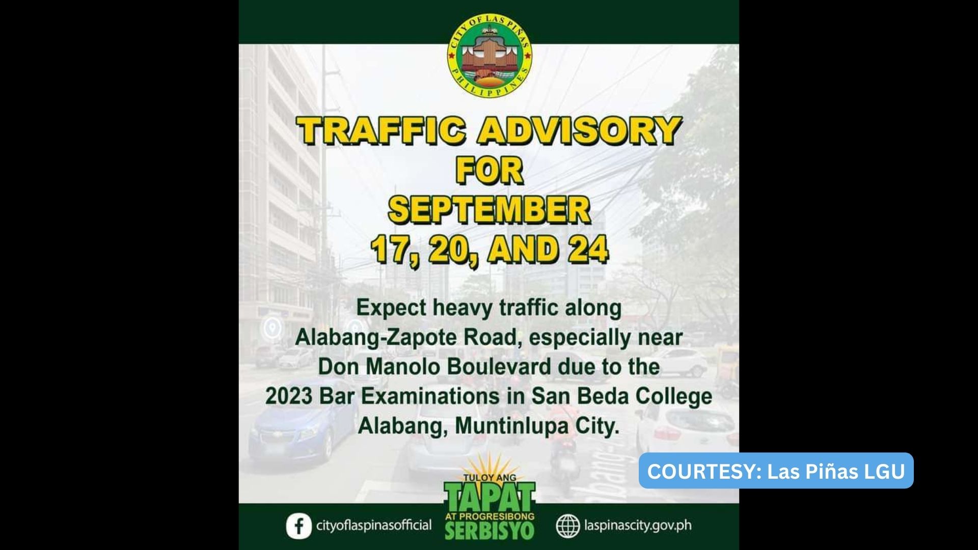 Las Piñas LGU naglabas ng traffic advisory para sa nalalapit na bar exam sa Muntinlupa