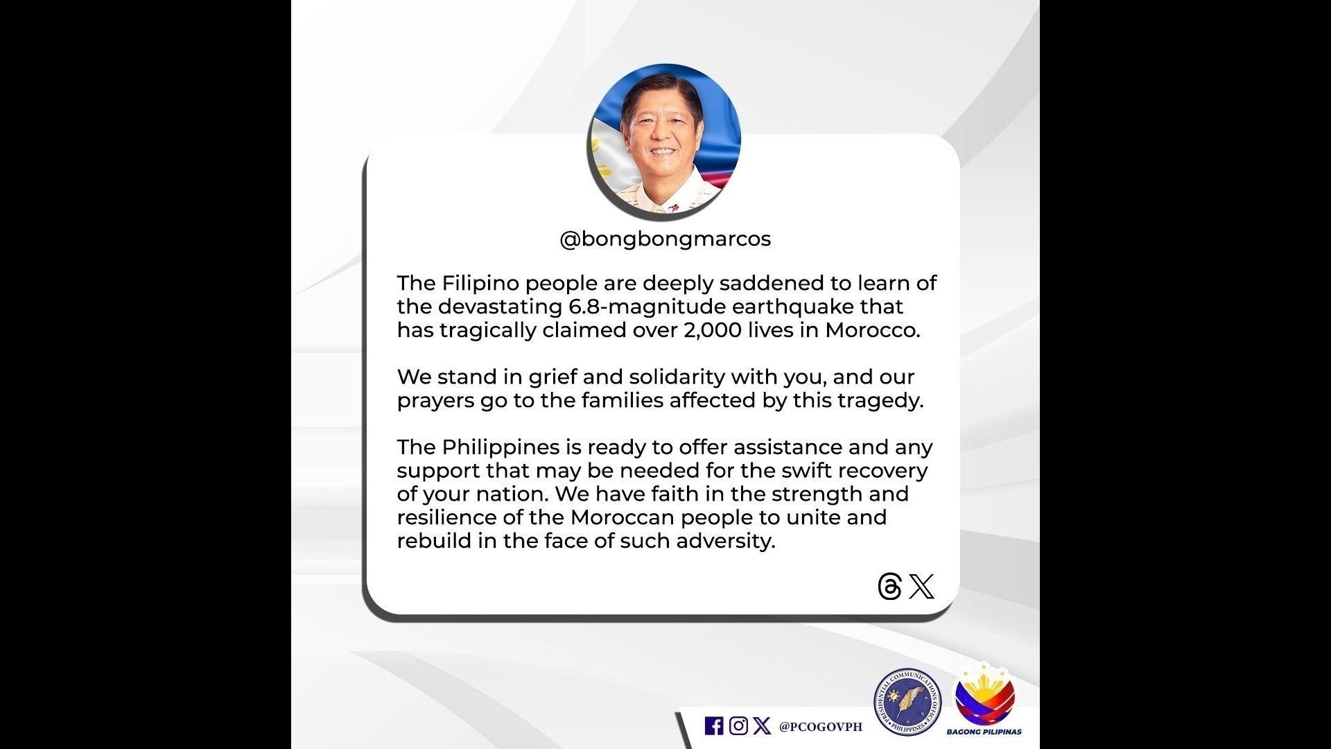 Pangulong Marcos nakiramay sa pamahalaan ng Morocco; tulong at suporta ng Pilipinas inialok