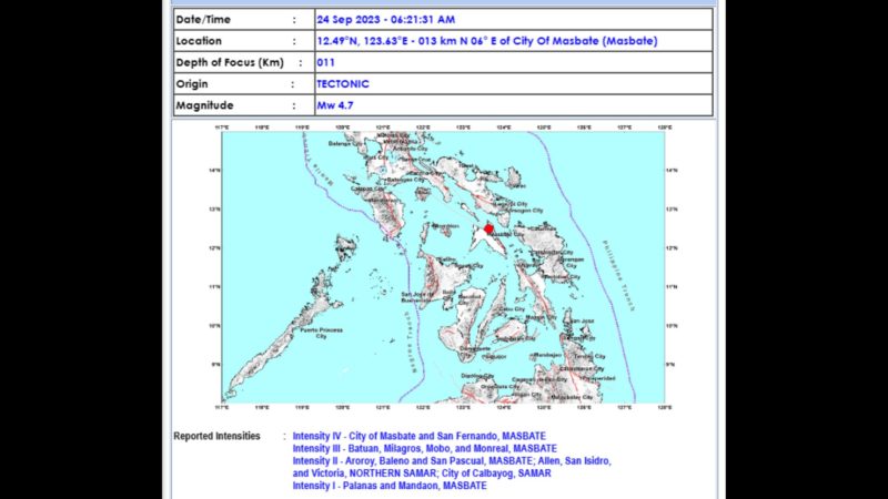 Magnitude 4.7 na lindol tumama sa Masbate; pagyanig naramdaman din sa Samar