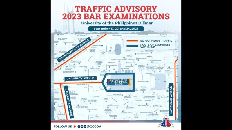 Pagsisikip sa daloy ng traffic sa ilang lansangan sa QC aasahan sa mga petsa ng pagdaraos ng 2023 Bar Exams