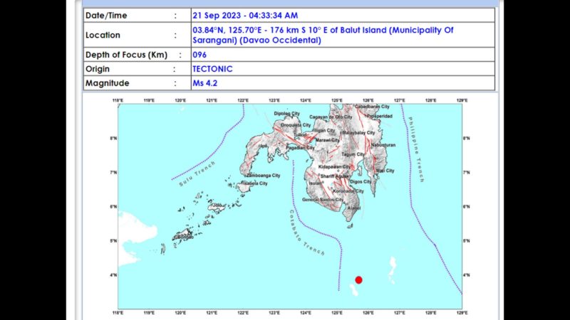 Sarangani, Davao Occidental niyanig ng magnitude 4.2 na lindol