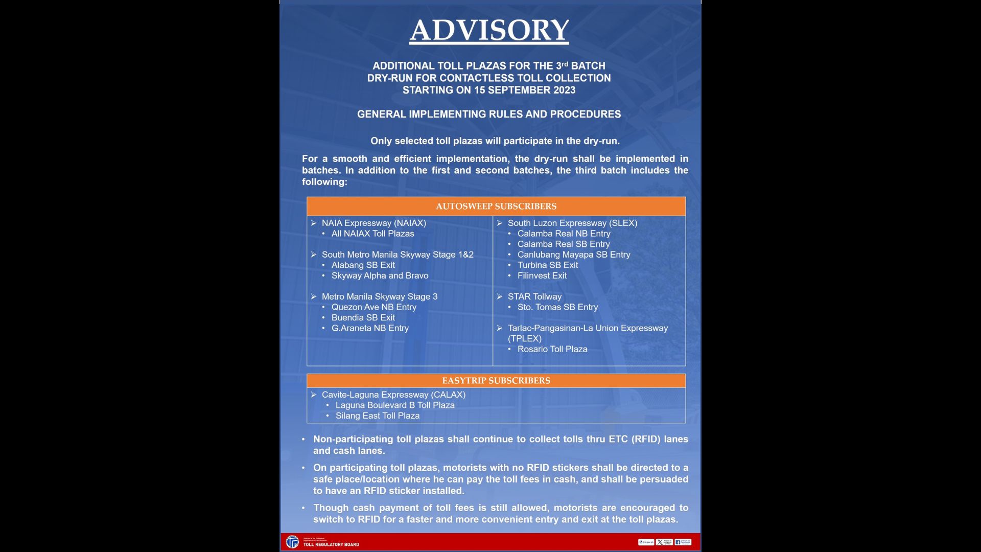 TRB naglabas ng listahan ng mga dagdag na Toll Plazas na isasama sa dry-run ng Contactless Toll Collection