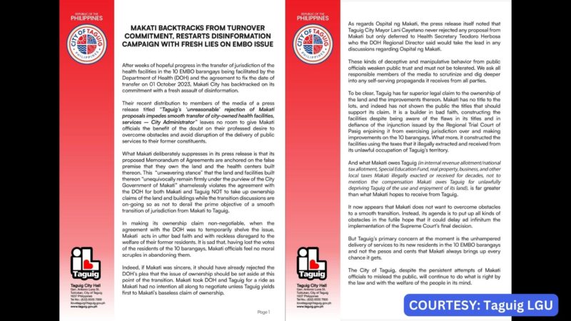 Taguig pumalag sa panibagong ‘disinformation campaign’ ng Makati sa  EMBO issue