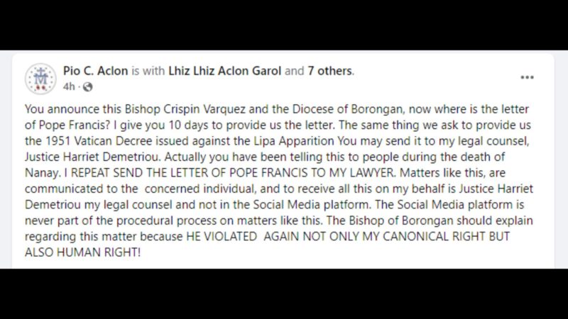 Pari na pinatawan ng expulsion ng Santo Papa humingi ng paliwanag mula sa Diocese ng Borongan