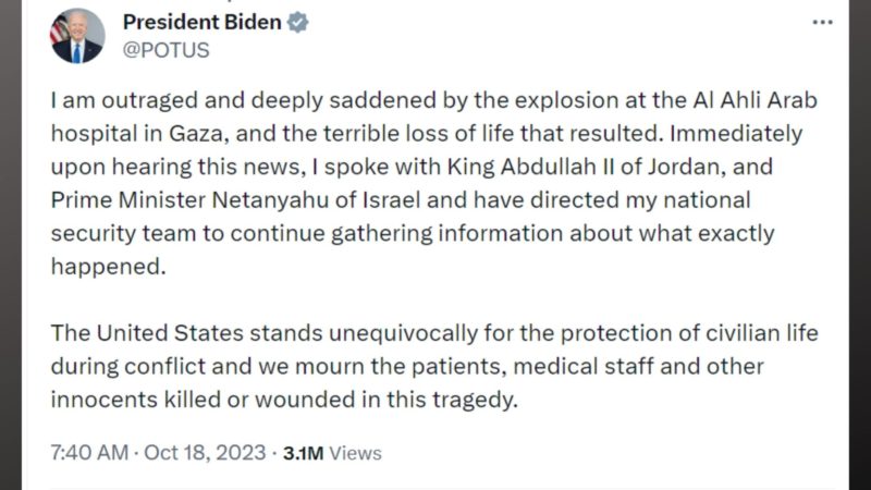 US Pres. Joe Biden nadismaya sa pagpapasabog sa ospital sa Gaza; bibisita sa Israel