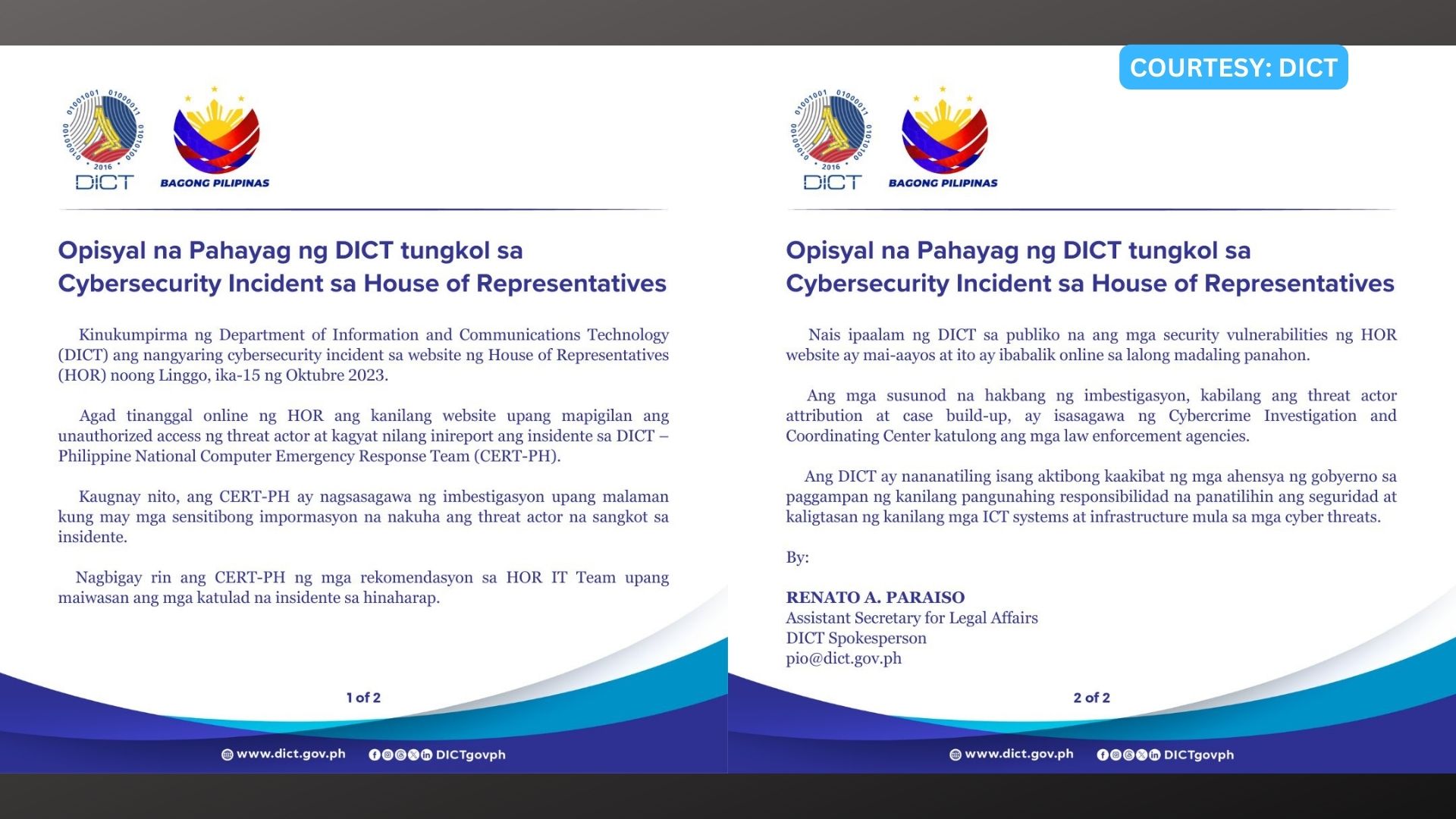 DICT inaalam pa kung may nakompromisong sensitibong impormasyon sa insidente ng hacking sa website ng Kamara