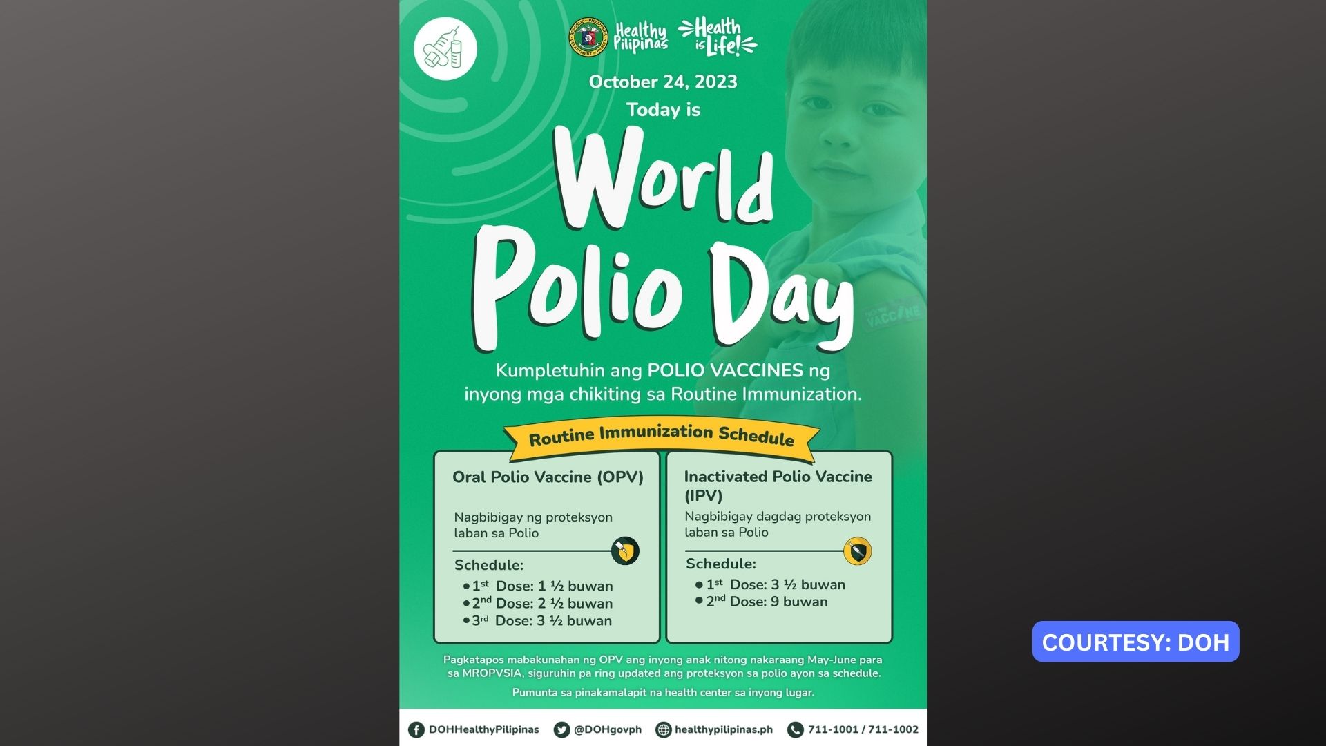 Sa paggunita ng World Polio Day, DOH hinimok ang mga magulang na kumpletuhin ang bakuna ng kanilang anak