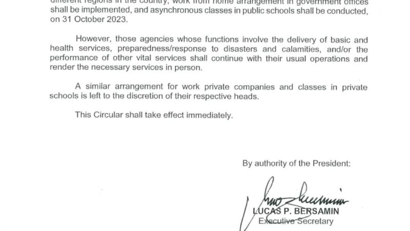 WFH arrangements sa gobyerno at asynchronous classes sa public schools sa Oct. 31 pinayagan ng Malakanyang