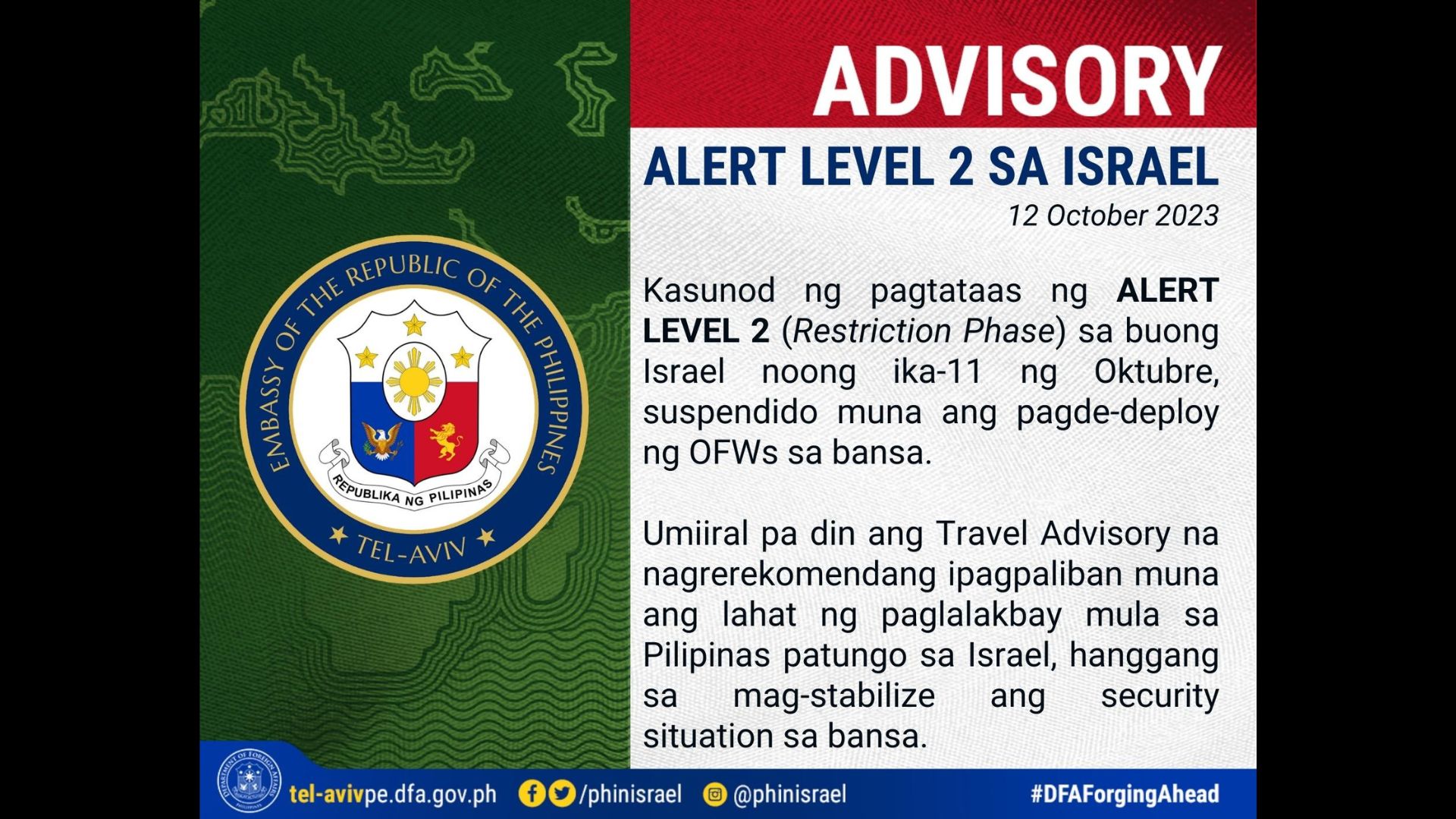 Deployment ban iiral sa Israel sa ilalim ng Alert Level 2