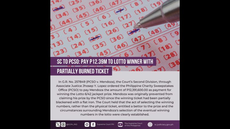 SC inatasan ang PCSO na ibigay ang mahigit P12M na jackpot prize na napanalunan ng isang bettor noon pang 2014