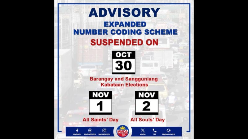 Pag-iral ng number coding suspendido sa Oct. 30, Nov. 1 at Nov. 2