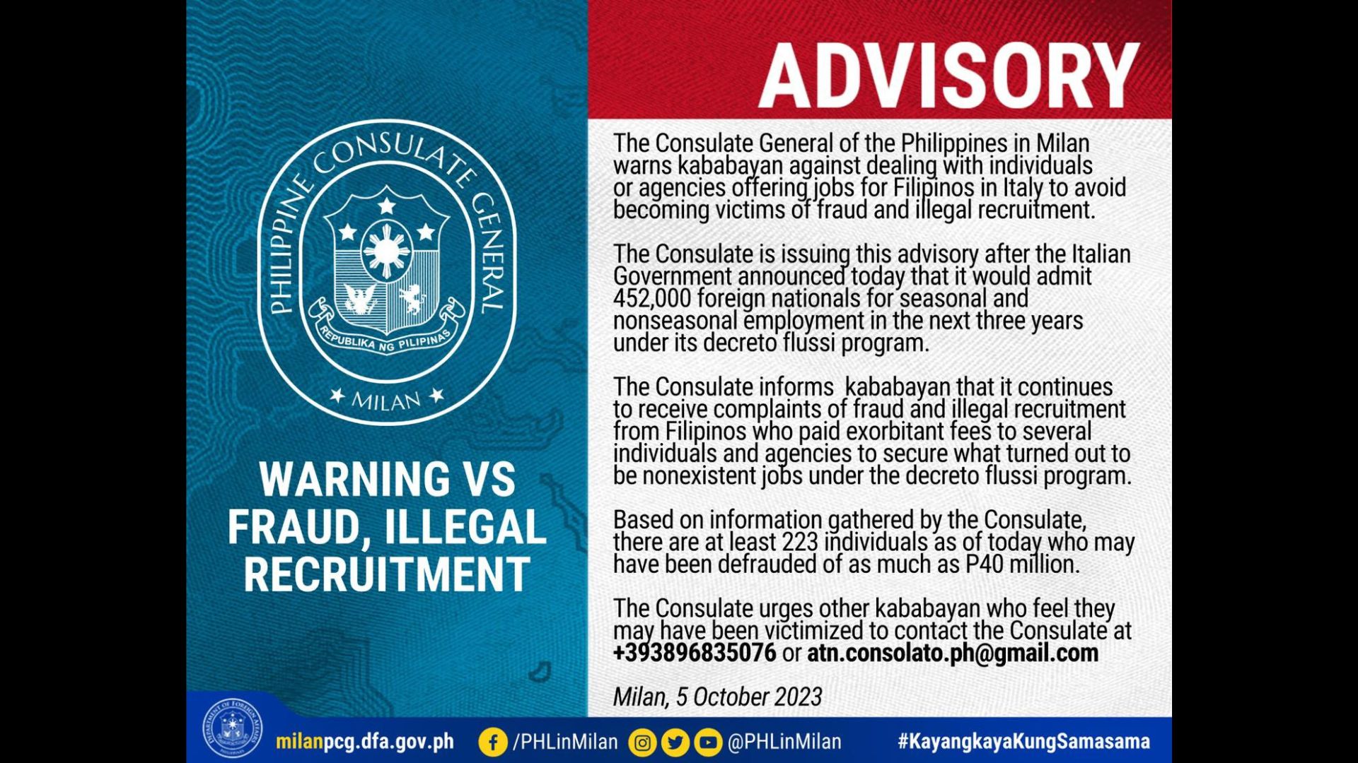 Mahigit 200 Pinoy posibleng nabiktima ng illegal recruitment sa Italy; ibinayad na halaga umabot ng P40M