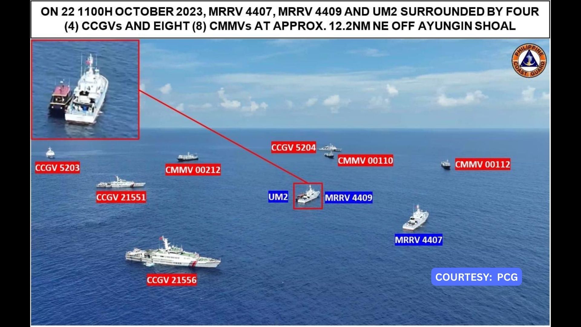 Larawan na nagpapakita mga barko ng China na nakapalibot sa mga barko ng Pilipinas, inilabas ng PCG