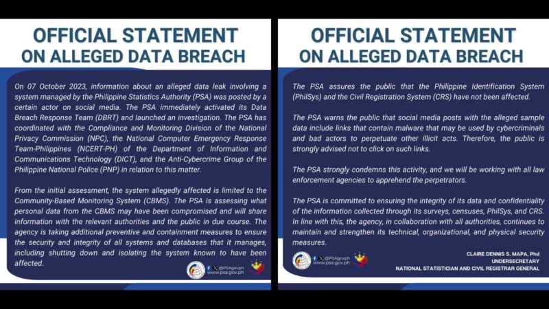 PSA nabiktima ng data breach; mga impormasyon sa PhilSys hindi naapektuhan