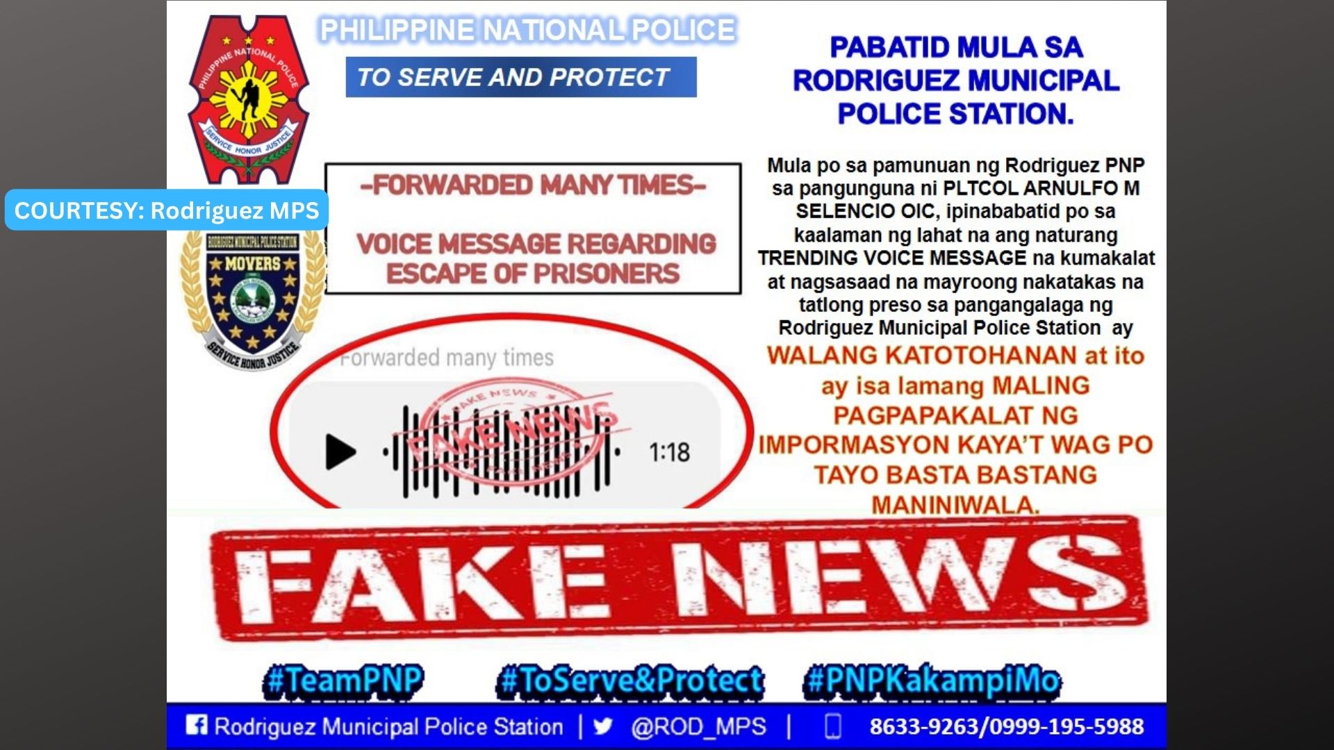 Kumakalat na voice message kaugnay sa nakatakas umanong bilanggo sa Rodriguez, peke ayon sa Rodriguez PNP