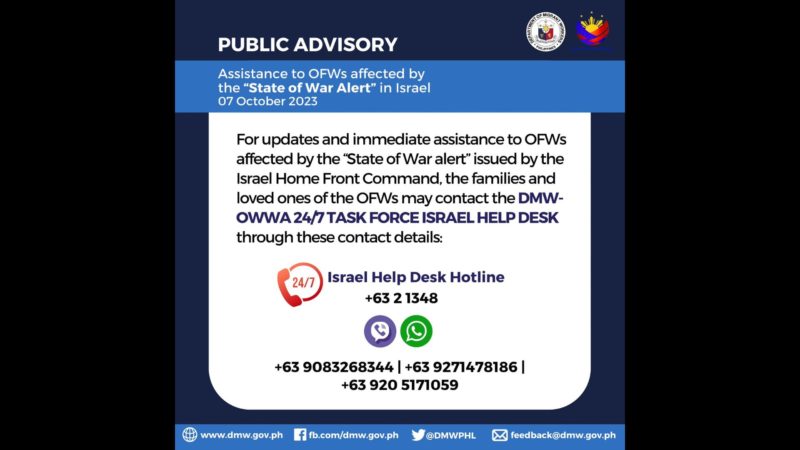 24/7 Task Force Israel Help Desk inilunsad ng DMW