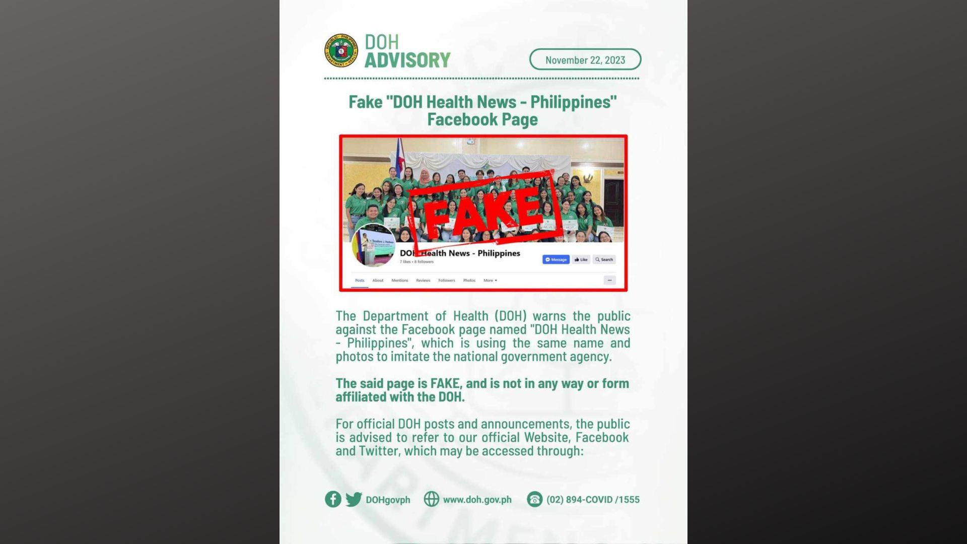 DOH binalaan ang publiko sa pekeng Facebook page gamit ang pangalan ng ahensya