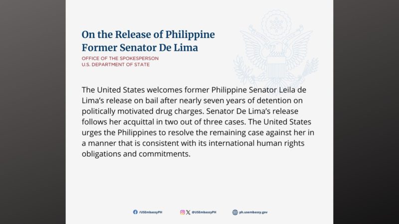 U.S. umapela sa mabilis na pagresolba ng natitira pang kaso vs De Lima