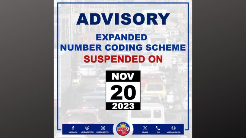 Pag-iral ng number coding suspendido bukas, Nov. 20