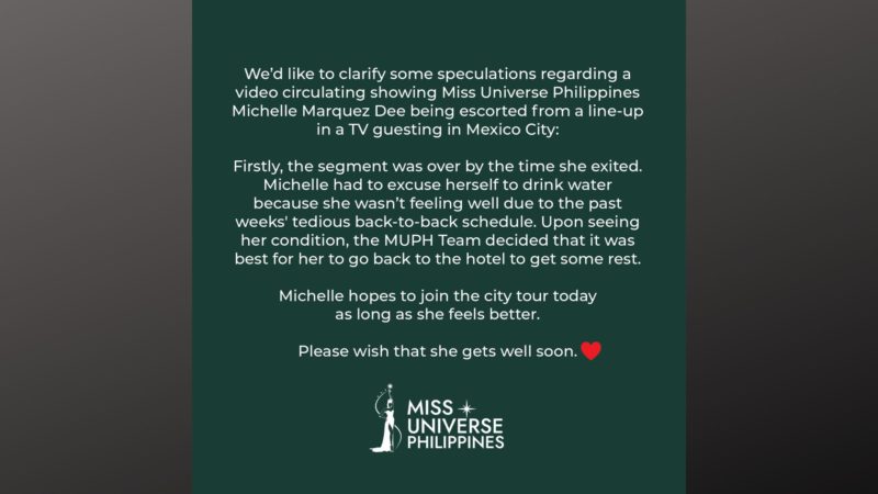 Miss Universe PH nilinaw ang tungkol sa kumakalat na video na pag-pull out kay Michelle Dee sa isang TV show sa Mexico City
