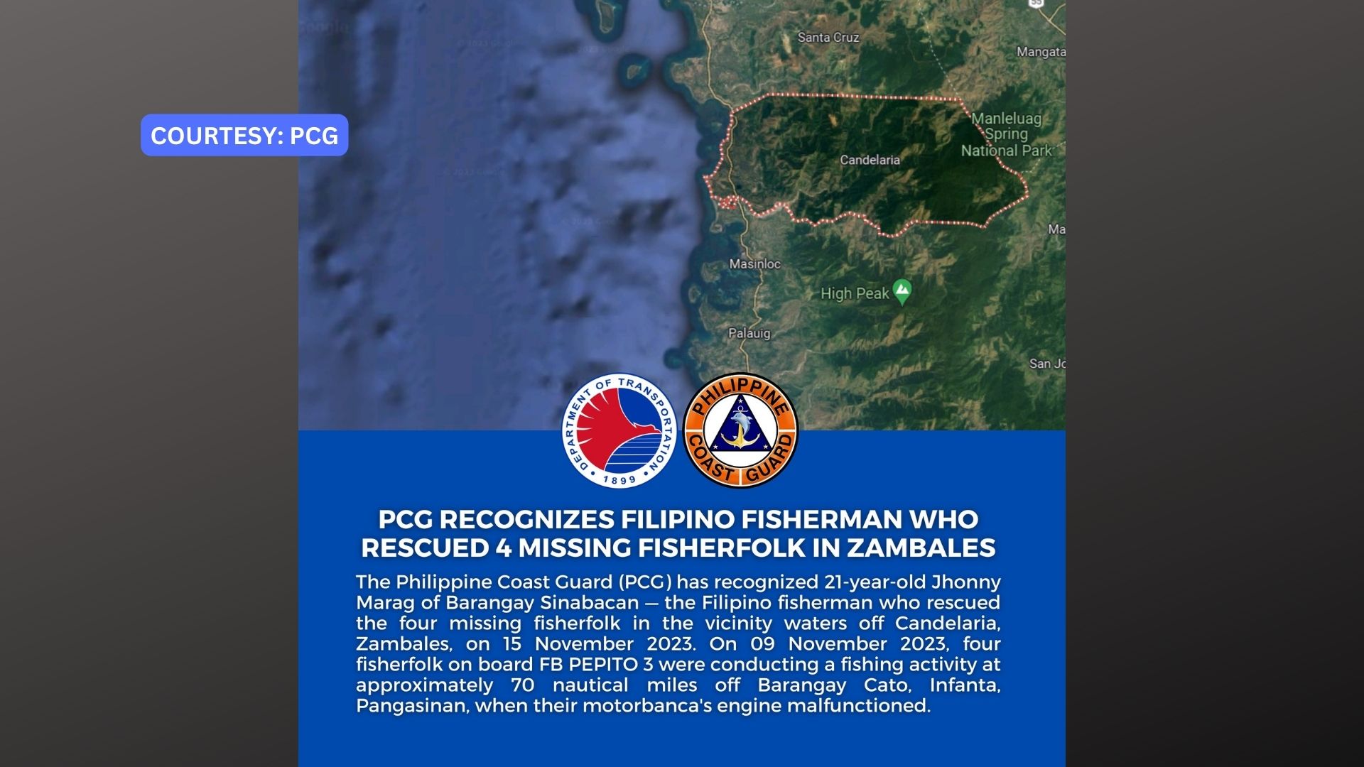 Coast Guard kinilala ang kabayahinan ng lalaking nagligtas sa 4 na nawawalang mangingisda sa Zambales