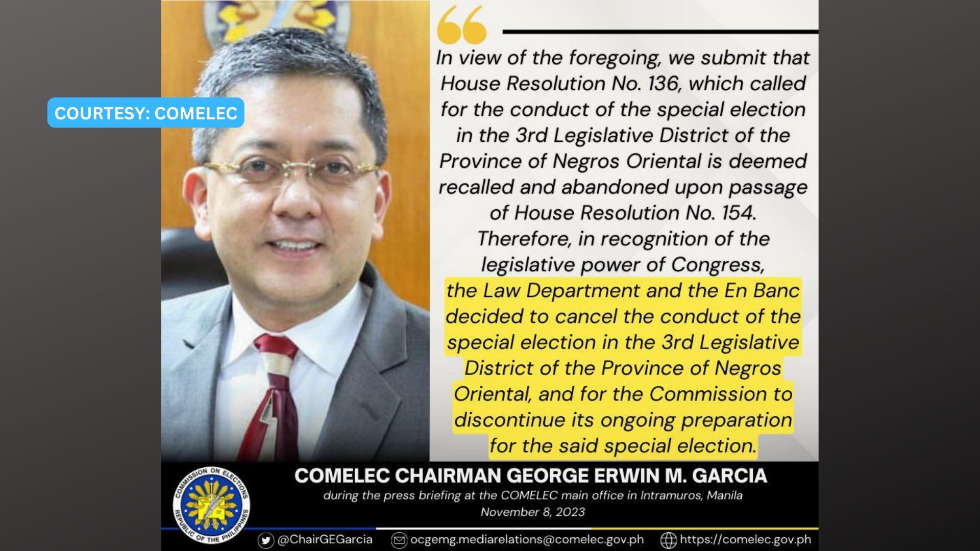 Special elections sa Negros Oriental, hindi na matutuloy ayon sa Comelec