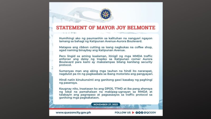 QC Mayor Joy Belmonte humingi ng paunmahin sa mga motorista matapos pahintuin ang daloy ng traffic dahil sa kaniyang pagdaan