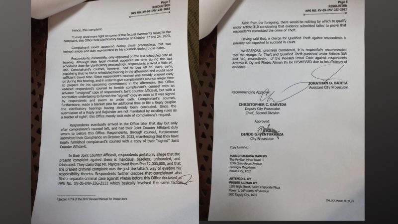 Kasong theft at qualified theft na isinampa ng ‘investment scammer’ na si Mario Marcos laban sa mag-asawang negosyante, ibinasura ng Makati court