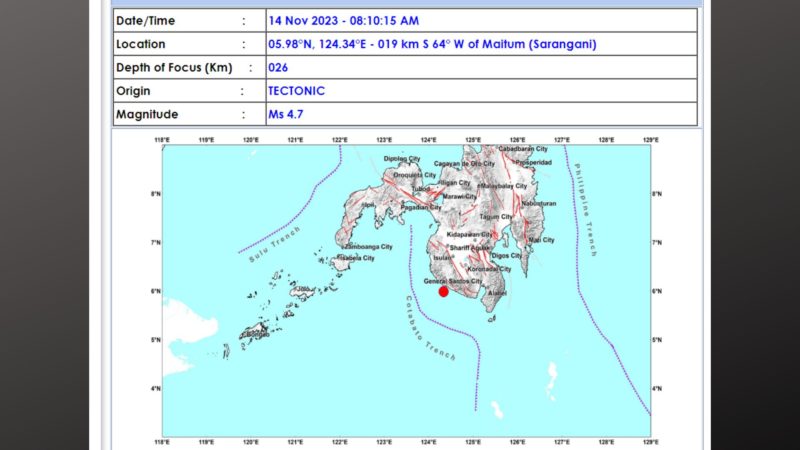 Maitum, Sarangani niyanig ng magnitude 4.7 na lindol