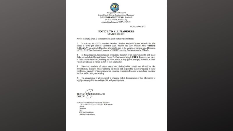 Malalaking sasakyang pandagat sa Davao City at Davao Del Sur pinayagan ng makapaglayag