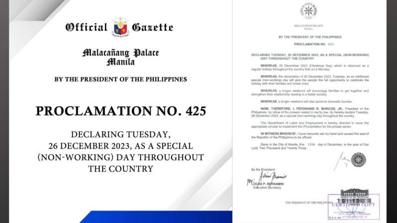 Dec. 26 idineklarang special non-working holiday ni Pang. Marcos