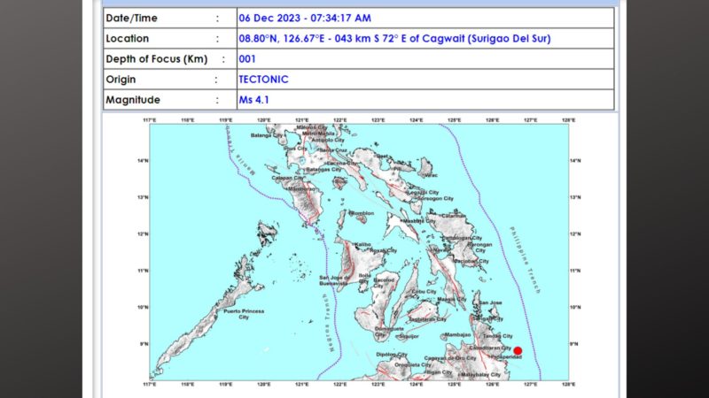 Magnitude 4.1 at 4.5 na lindol magkasunod na tumama sa Surigao de Sur