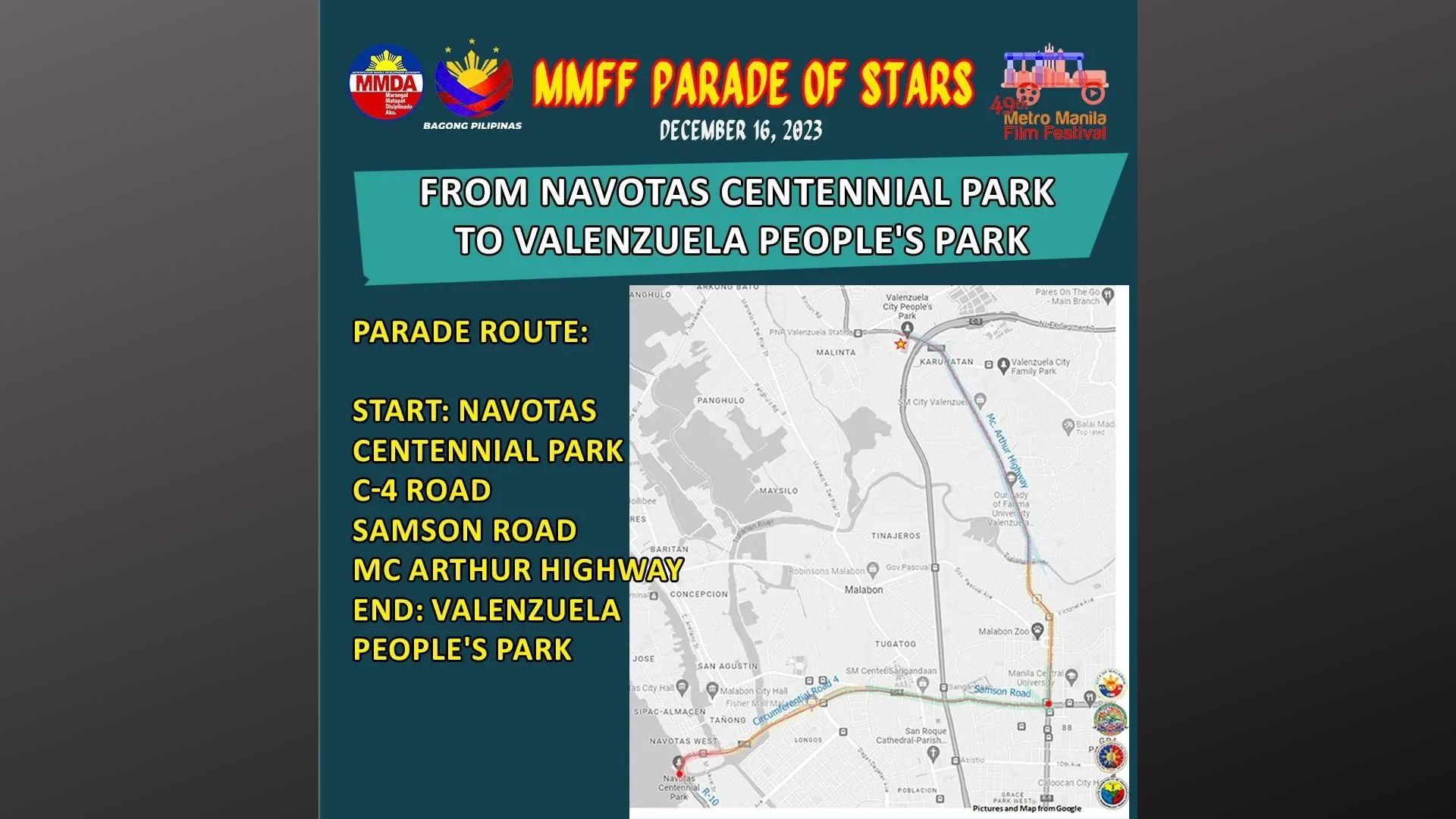 Parade of Stars para sa Metro Manila Film Festival idaraos sa CAMANAVA area sa Dec. 16