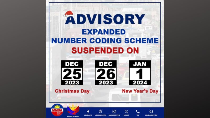 Expanded number coding suspendido sa Dec. 25, Dec. 26 at Jan. 1