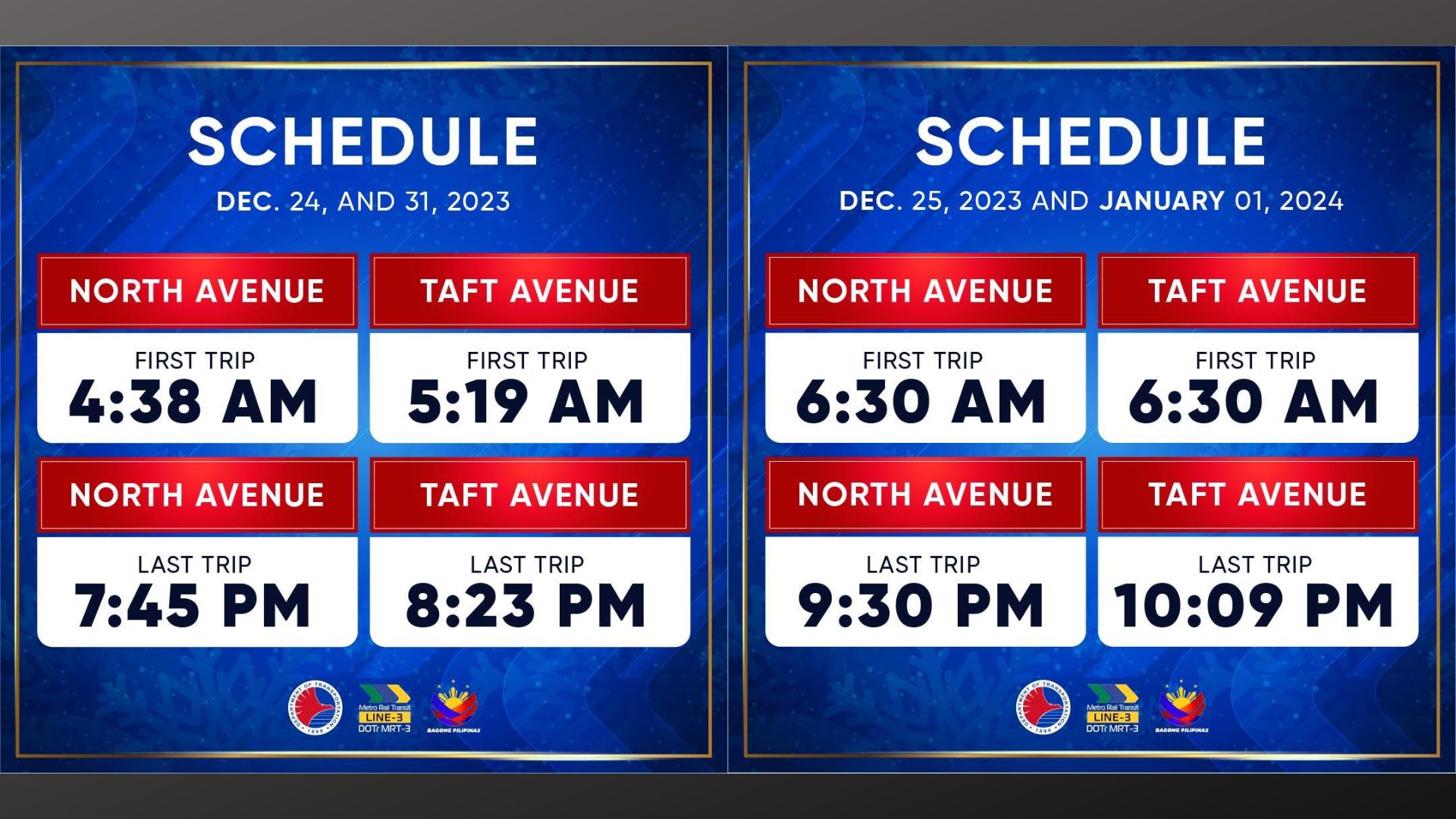 MRT-3 magpapatupad ng shortened schedule sa Pasko at Bagong Taon