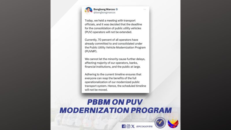 Deadline para sa consolidation ng PUV operators, hindi na palalawigin ayon kay Pangulong Marcos