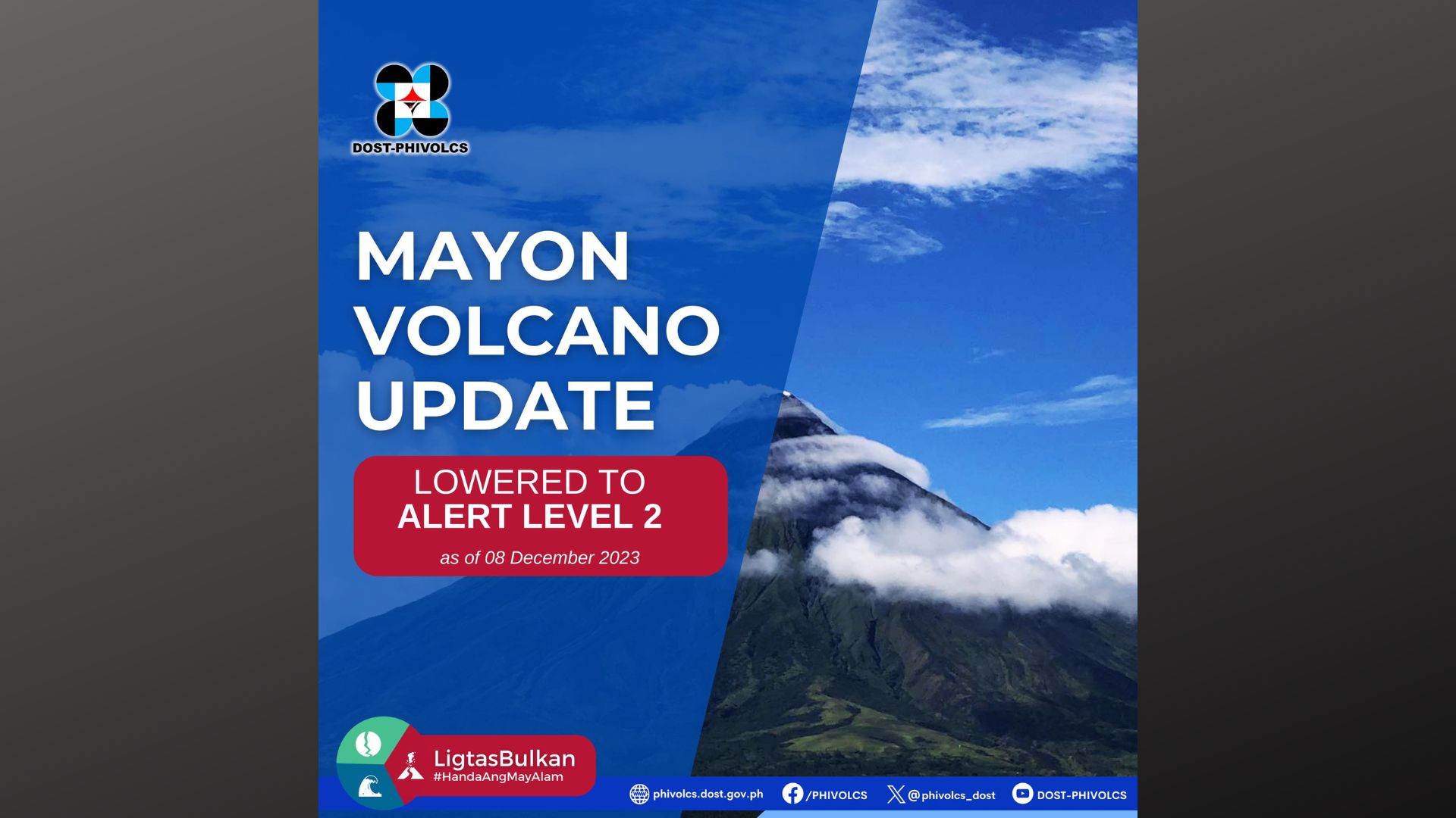 Status ng Bulkang Mayon ibinaba na sa Level 2