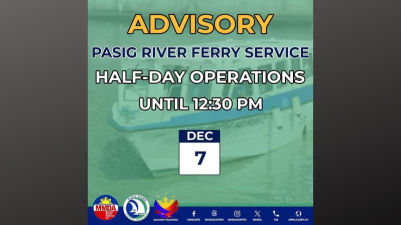 Operasyon ng Pasig River Ferry Service sa December 7, limitado