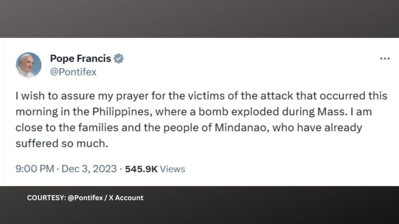 Pope Francis nag-alay ng panalangin sa mga biktima ng pagsabog sa Marawi City