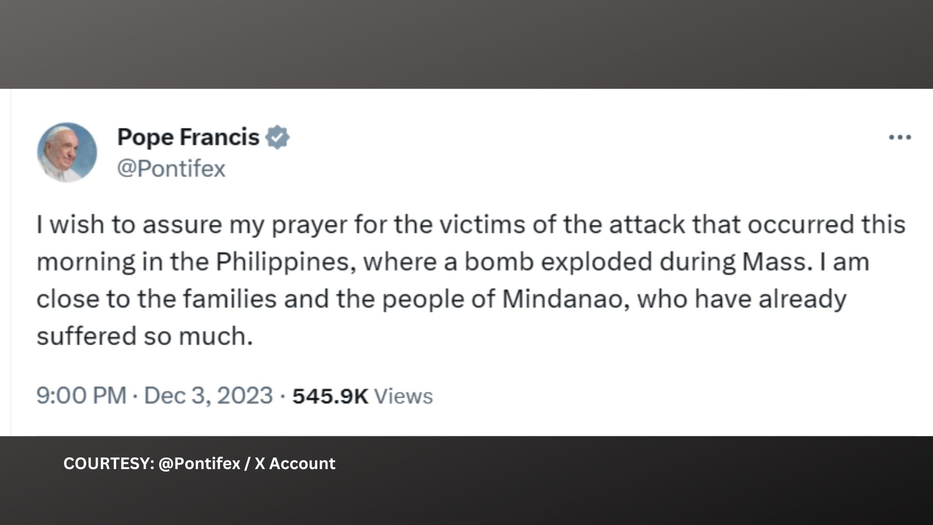 Pope Francis nag-alay ng panalangin sa mga biktima ng pagsabog sa Marawi City