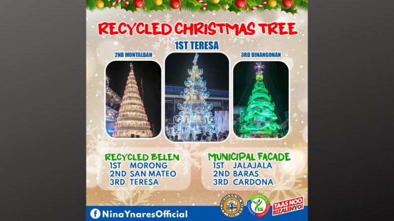 Bayan ng Teresa wagi sa YES Program Recycled Christmas Tree sa lalawigan ng Rizal; bayan ng Montalban itinanghal na 2nd place