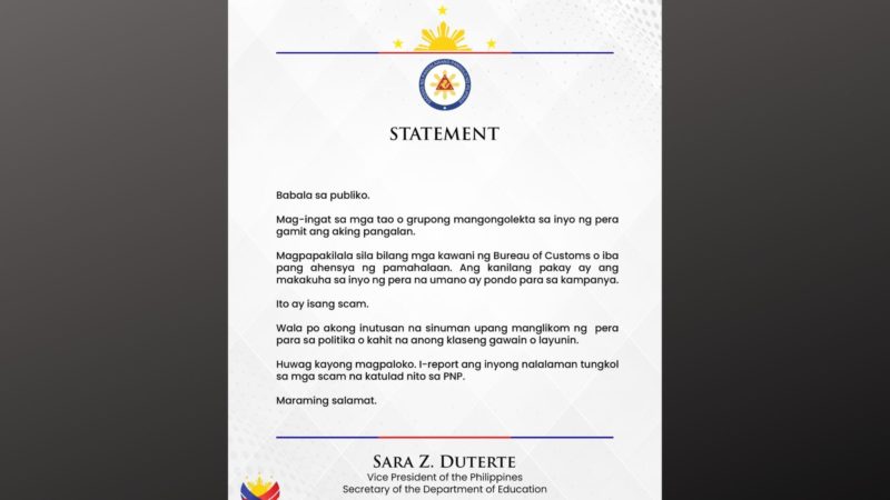 VP Sara Duterte pinag-iingat ang publiko sa mga nangingikil ng pera na gagamitin umano sa kampanya